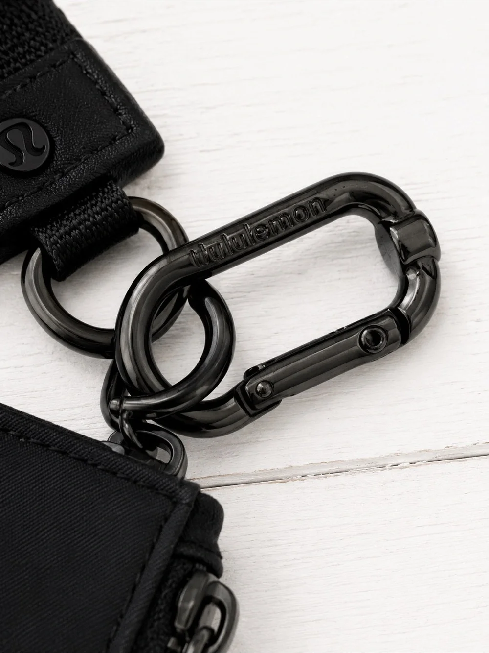 Lululemon Black Single Pouch Wristlet Keychain Clip White Logo Black Hardware